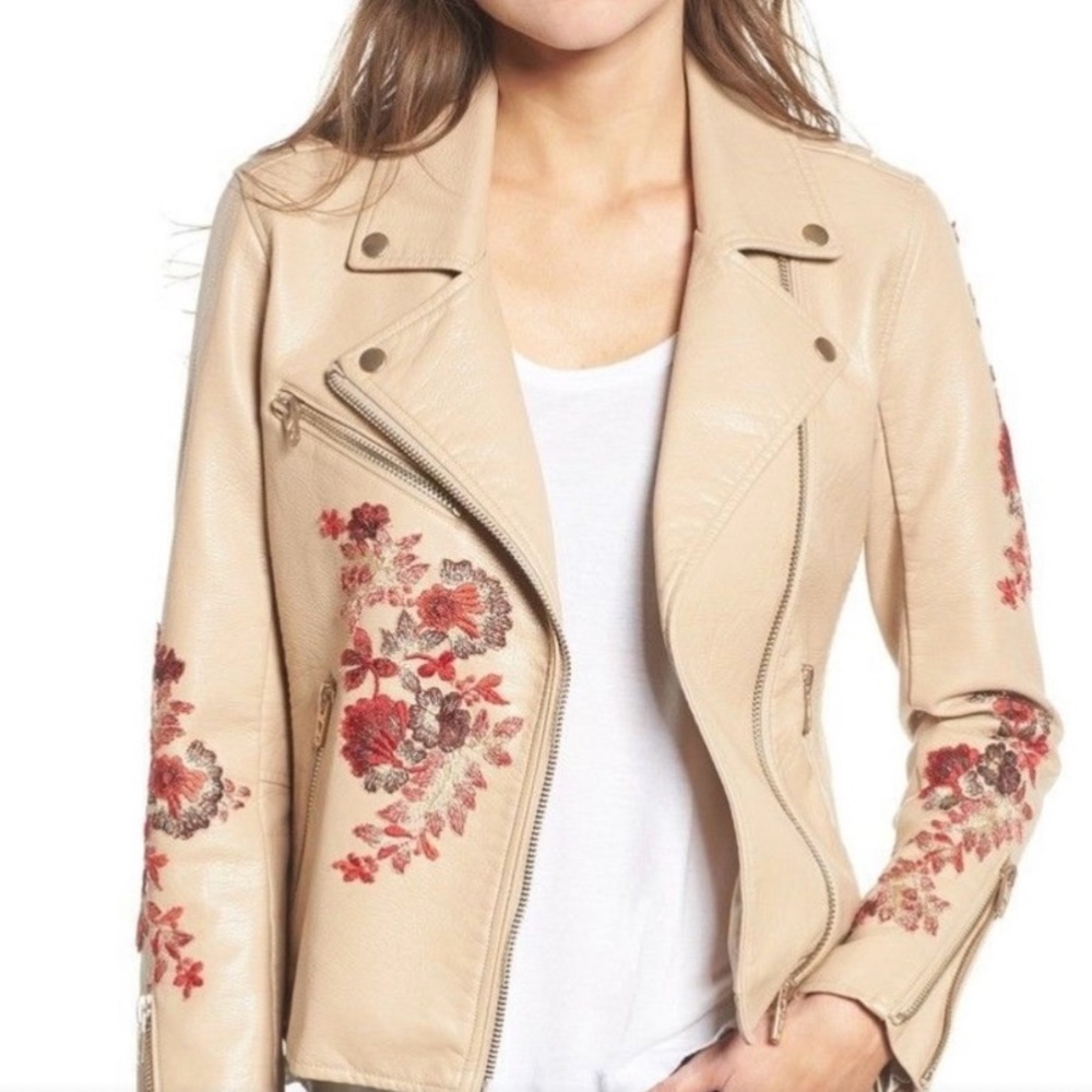 Blank NYC Beige Floral Embroidered Moto Jacket